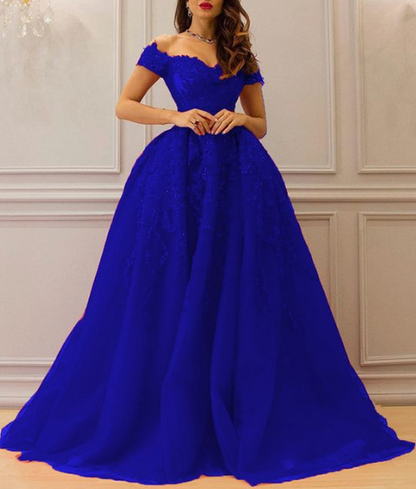 Royal Blue Sweetheart Tulle Off The Shoulder Prom Dresses Lace Appliques Evening Gowns cg3002