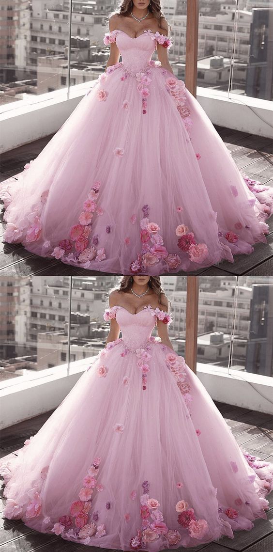 Blush Pink Tulle Off Shoulder Ball Gown Wedding Dresses Floral Flowers Beaded prom gown cg3003