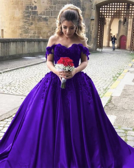 purple ball gown wedding dress lace off the shoulder prom gown cg3005