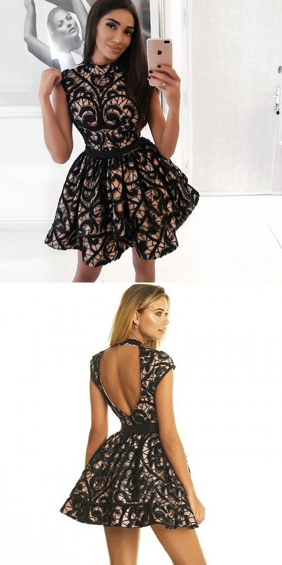 A-Line Jewel Sleeveless Short Black Lace Homecoming Dress cg301