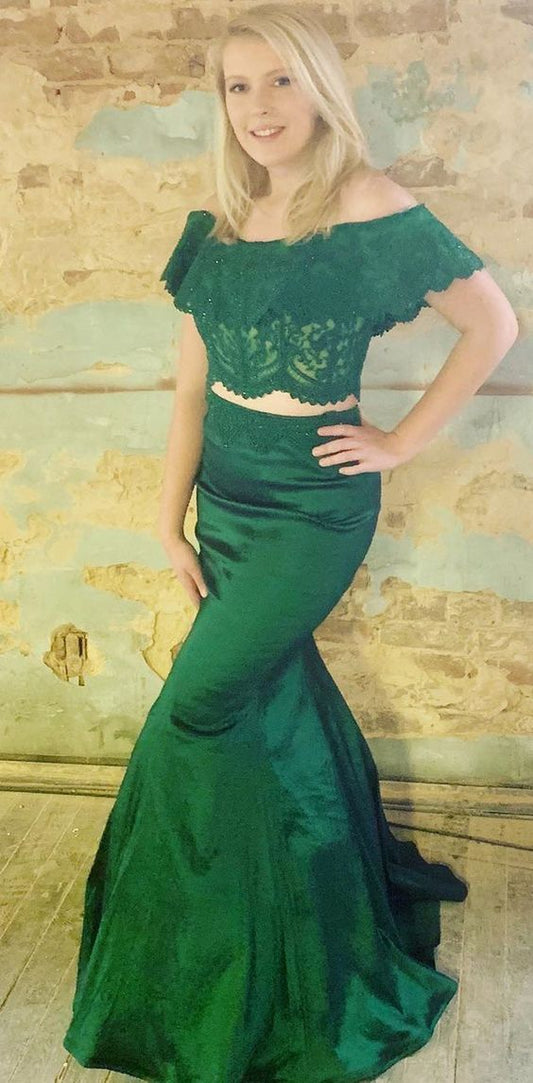 Gorgeous Off the Shoulder Prom Dress, Two Piece Mermaid Green Prom Dress, Long Prom Dress 2019 cg3013
