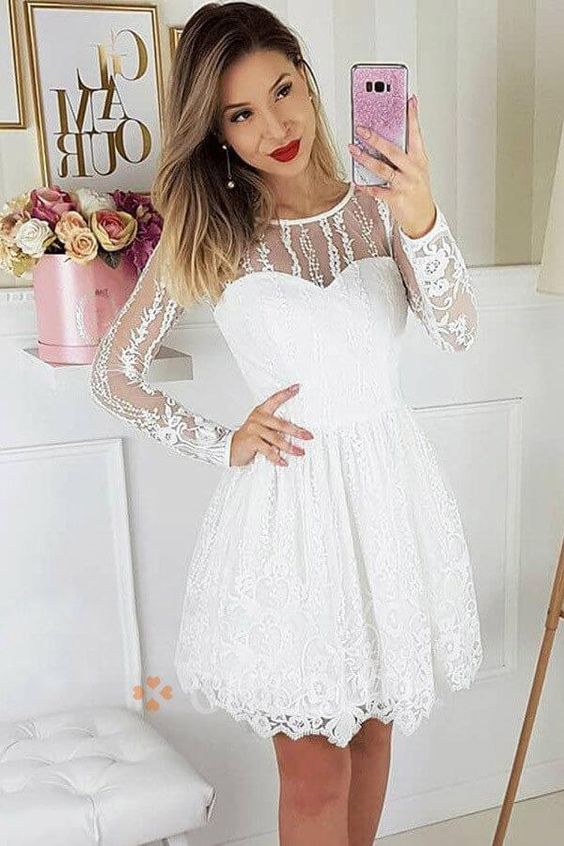 A-Line Round Neck Long Sleeves White Lace Short Homecoming Party Dress cg3017