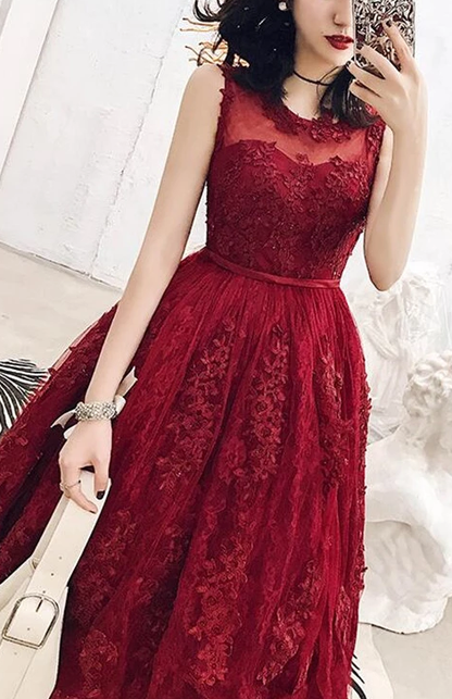 Charming Wine Red Tea Length Tulle Homecoming Dress, Lace Party Dress cg3026
