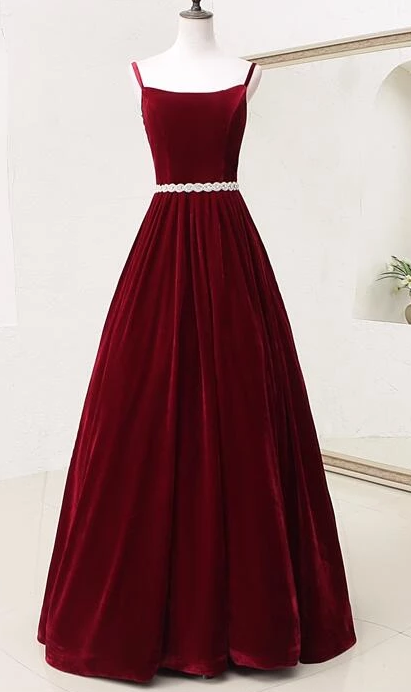 Elegant Straps Velvet Long Formal Dress With Belt, Long Prom Dress cg3029