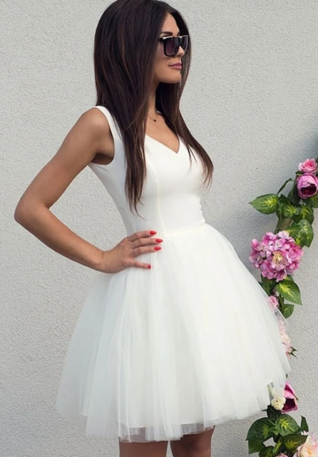 White v neck tulle short dress, homecoming dress cg3030