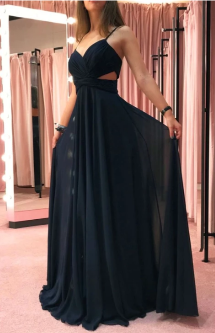 Dark blue chiffon long prom dress, evening dress cg3031