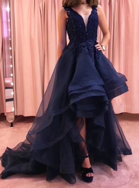 Dark blue v neck lace high low prom dress, evening dress cg3032