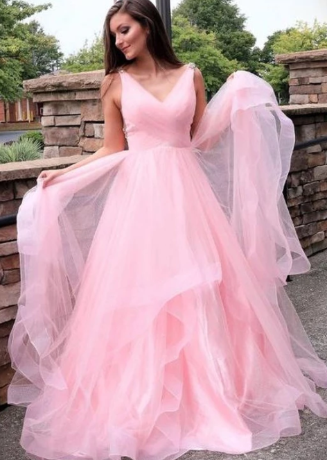 Pink v neck tulle long prom dress, evening dress cg3033