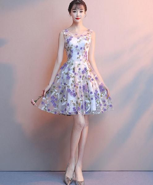 Cute tulle purple flower short dress tulle homecoming dress cg3034
