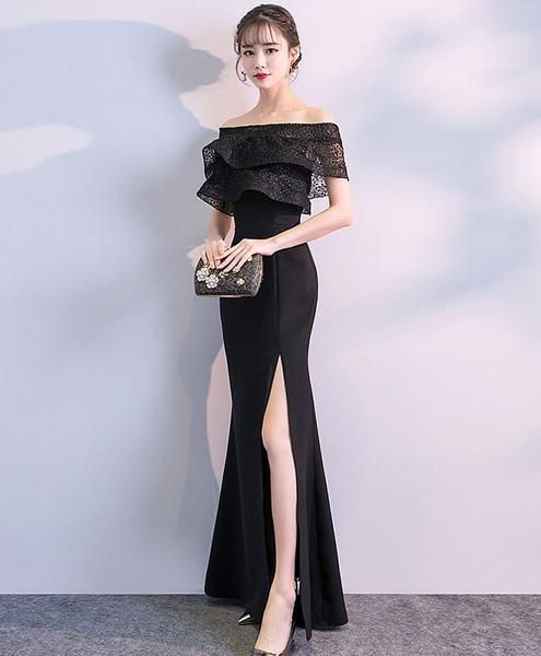 Black lace mermaid long prom dress, black evening dress cg3037