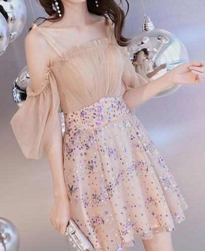 Champagne tulle short dress, champagne tulle homecoming dress, champagne formal dress cg3051