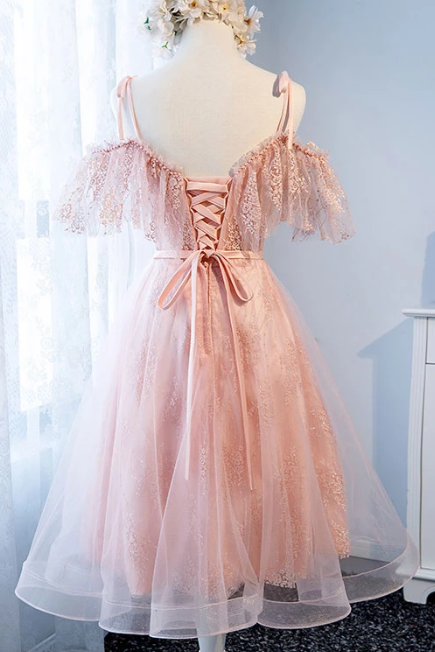 PINK TULLE LACE SHORT DRESS, PINK TULLE LACE HOMECOMING DRESS cg3101