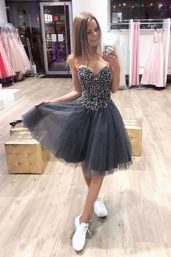 Sweetheart Gray Tulle Beaded Lace Up Short homecoming Dress, Party Dress cg3108