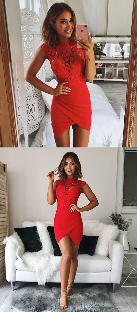 Gorgeous Sexy Custom Made Asymmetrical  red lace homecoming dress cg3131