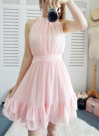 Simple Cute Pink Chiffon Short Halter Wedding Party Dress, Lovely Pink homecoming Dress cg3163