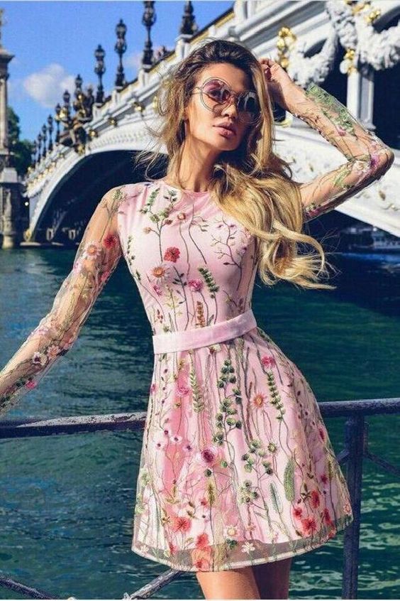 Fancy Lace Wedding Dresses New Arrival Embroidery Lace Long Sleeves Homecoming Dresses Pink cg3193