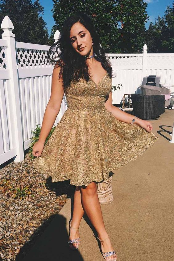 A-line V-neck Gold Lace Short Dresses Homecoming Gown cg3214