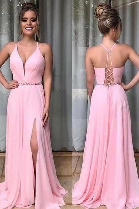 Pink Chiffon Prom Dresses with Split  cg3228