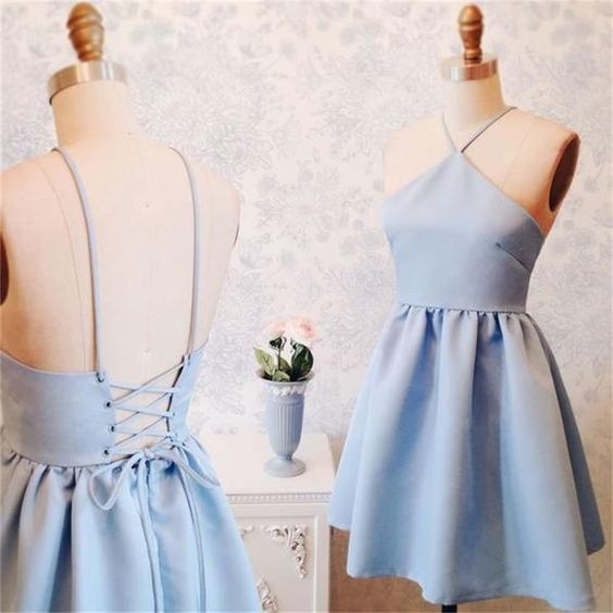 New Blue Halter Homecoming Dress, Short Custom Dresses cg323