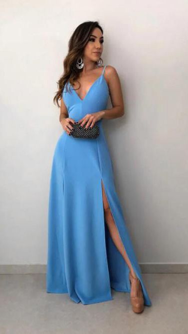 A-Line Spaghetti Straps Floor-Length Sky Blue Prom Dress with Split  cg3242