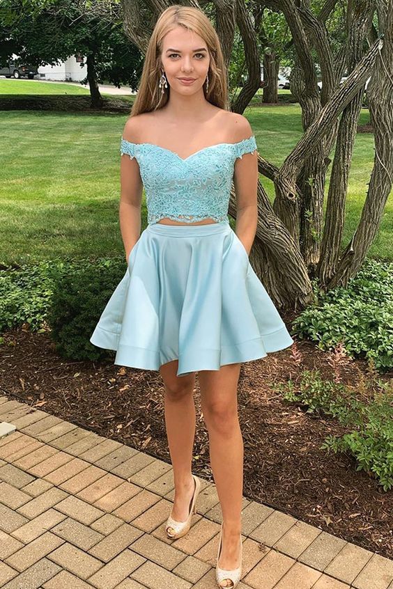 Two Piece Off-the-Shoulder Blue Homecoming Dress with Appliques cg3341