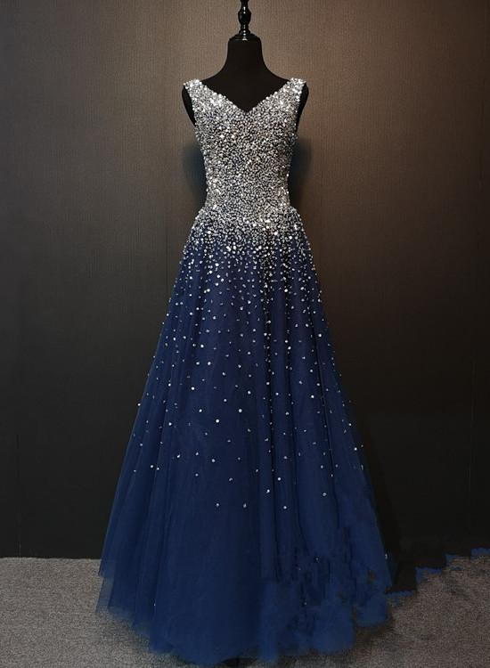 Charming Navy Blue Beaded V-Neckline Long Party prom Dress, Sparkle Formal Gown cg3349