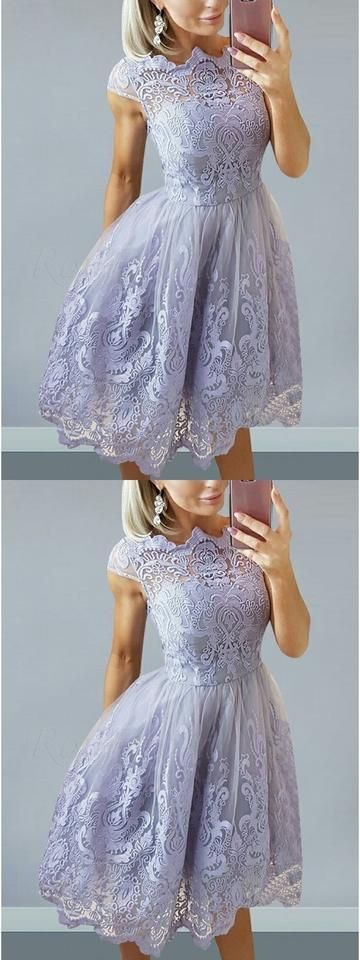 A-Line Bateau Cap Sleeves Lilac Homecoming Dress with Appliques cg3371