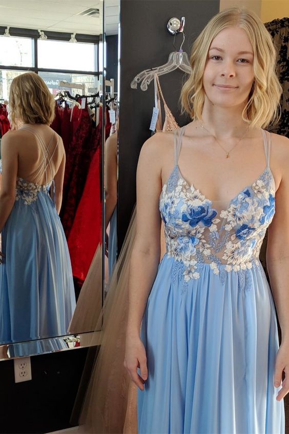 princess blue formal dress with floral embroidery, long prom dress 2020  cg3430