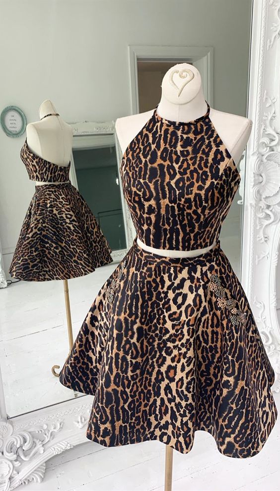 Two Pieces A Line Backless Leopard Short Homecoming Dress With Pockets cg3431