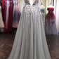 GRAY TULLE LACE BEADS LONG PROM DRESS, GRAY TULLE EVENING DRESS cg3440