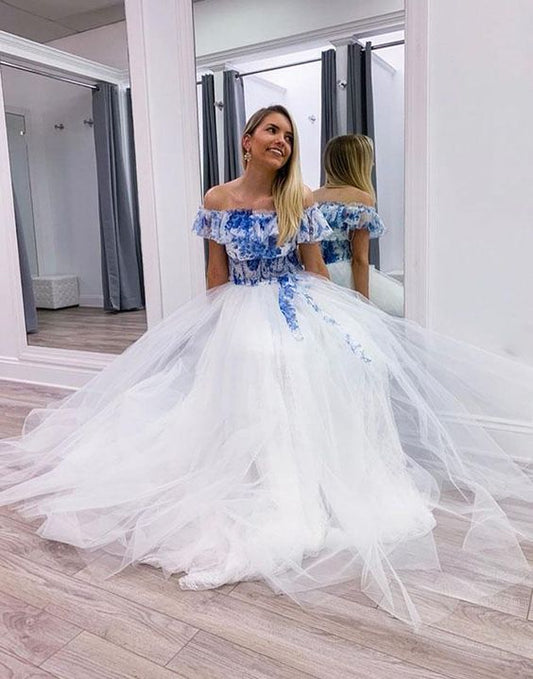 White tulle off shoulder long prom dress, white tulle formal dress cg3443