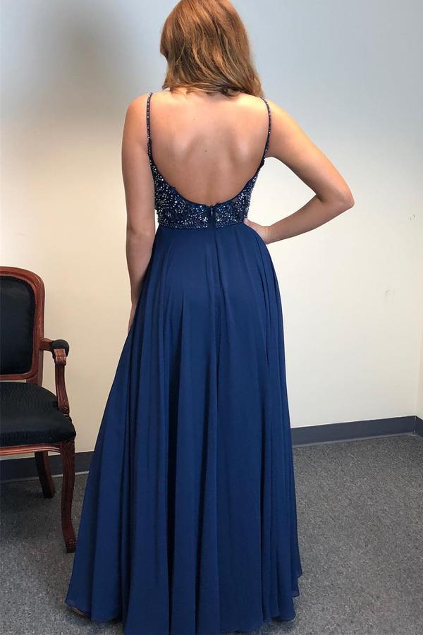 Fashion Spaghetti Straps Backless A-line Navy Long Prom Dress, High Slit Beading Evening Party Gown cg3451