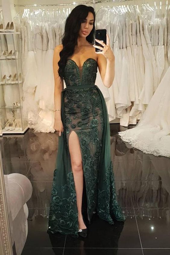 Sheath Sweetheart Dark Green Detachable Prom Dress with Appliques cg3473