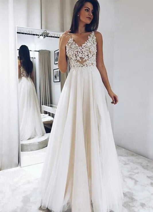 V Neck Long Prom Dresses with Appliques for Women cg3477