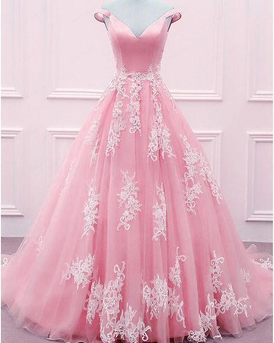 light pink Tulle And Satin Ball Gown Prom Dresses Lace Appliques Off Shoulder cg3484
