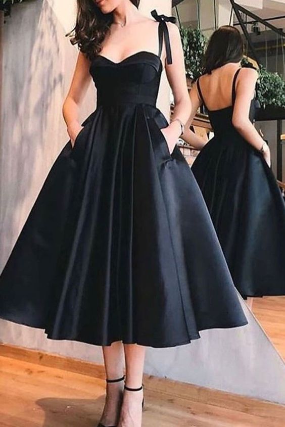 Simple sweetheart satin black dress, black homecoming dress cg3490
