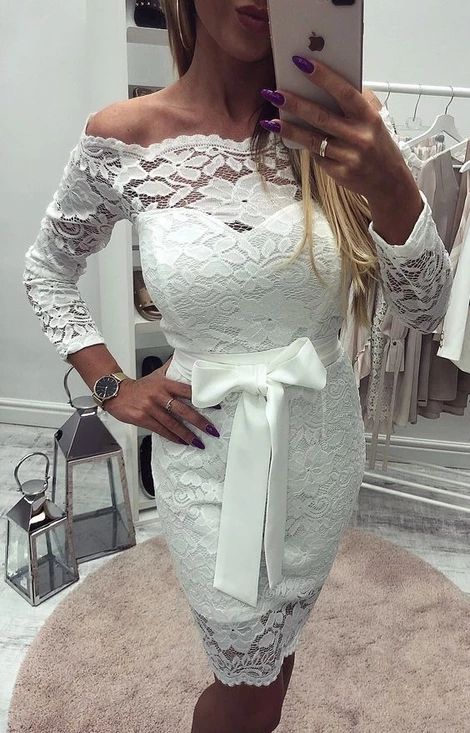 Sheath Off-the-Shoulder Long Sleeves Above-Knee White Lace Homecoming dress cg3499