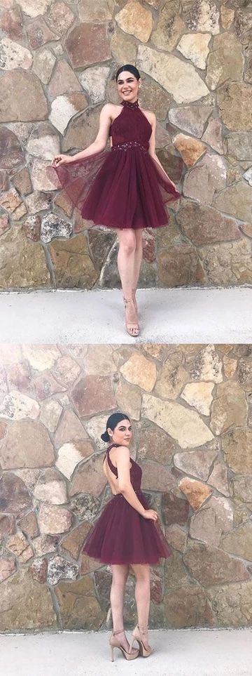 Stylish A Line High Neck Burgundy Short Homecoming Dresses with Beading cg3500