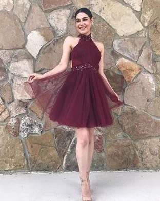 Stylish A Line High Neck Burgundy Short Homecoming Dresses with Beading cg3500