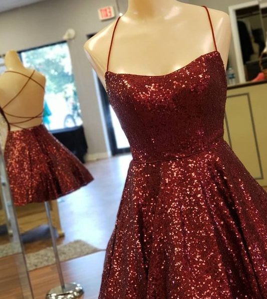 A Line Criss Cross Straps Back Burgundy Sequins Homecoming Dress cg3502