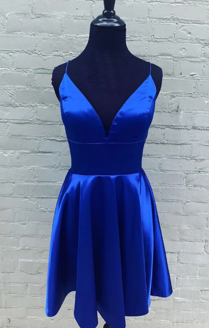 BLUE V NECK SATIN SHORT BLUE DRESS BLUE HOMECOMING DRESS cg3507