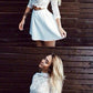 Two Piece High Neck 3/4 Sleeves Short White Satin Homecoming Dress cg351