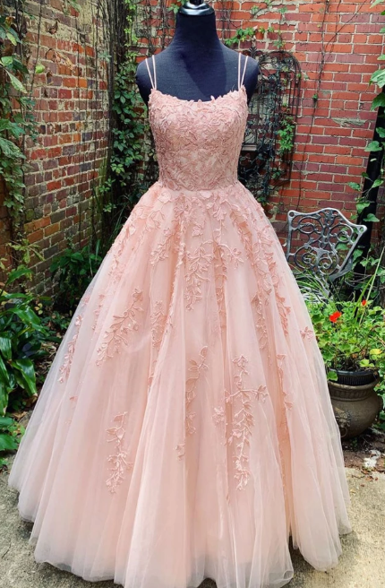 PINK TULLE LACE LONG PROM DRESS, PINK TULLE LACE EVENING DRESS cg3510