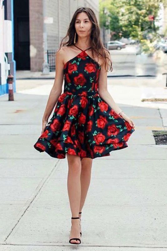 A-Line Cross V-Neck Above Knee Floral Satin Homecoming Dresses  cg3525