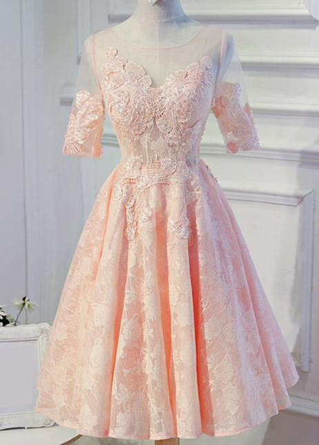 Modest Pink Lace Short Formal Party homecoming Dress With Sleeves cg3534