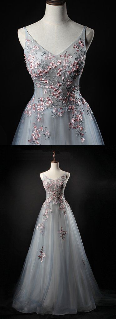 Gray Tulle Prom Dress, V Neck Prom Dresss , Long Evening Dress For Teens, Senior Prom Dress cg3543