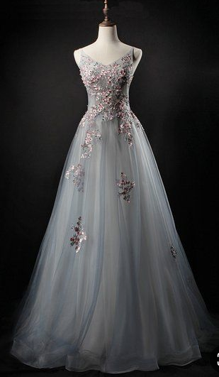 Gray Tulle Prom Dress, V Neck Prom Dresss , Long Evening Dress For Teens, Senior Prom Dress cg3543