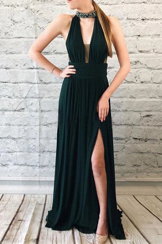 Beading Halter Chiffon Long Prom Dress, Split Keyhole Formal Evening Dress  cg3572