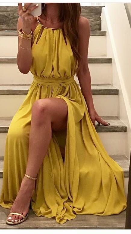 Yellow, Simple ,Spaghetti-Straps,High slit,Sexy,Halter, Prom Dress evening dress cg3609