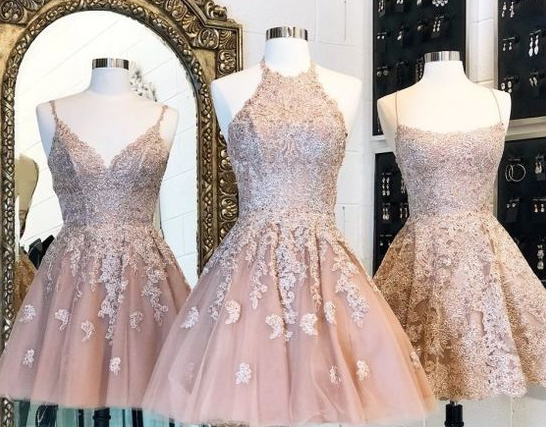 Spaghetti Straps Short Champagne Homecoming Dress with Appliques cg3625